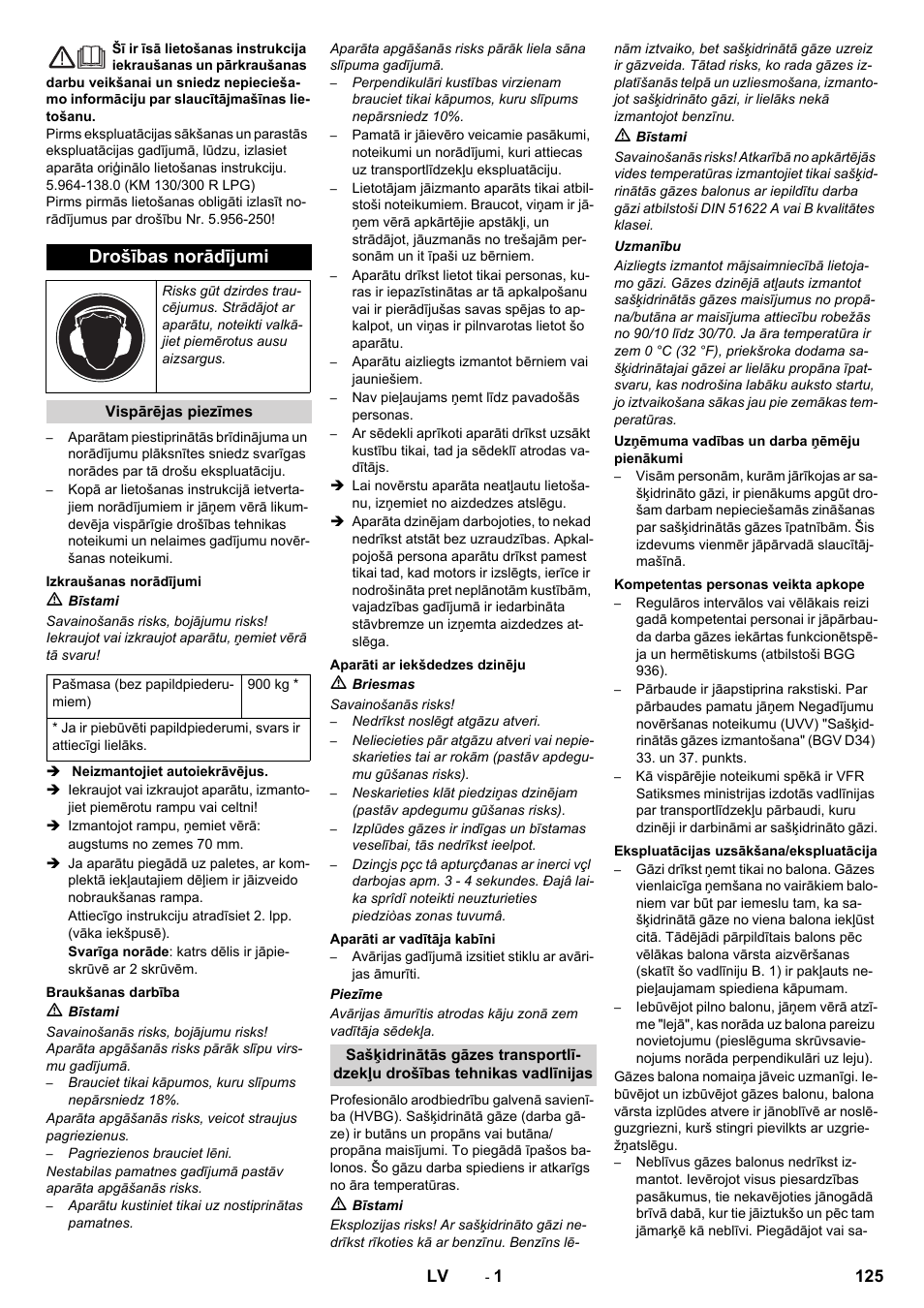 Latviešu, Drošības norādījumi | Karcher KM 130-300 R Lpg User Manual | Page 125 / 152