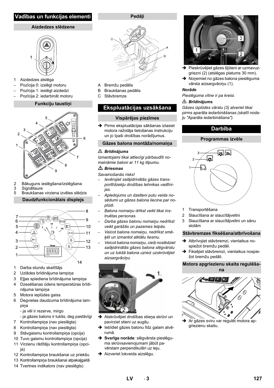 Vadības un funkcijas elementi, Ekspluatācijas uzsākšana, Darbība | Karcher KM 130-300 R Lpg User Manual | Page 127 / 152