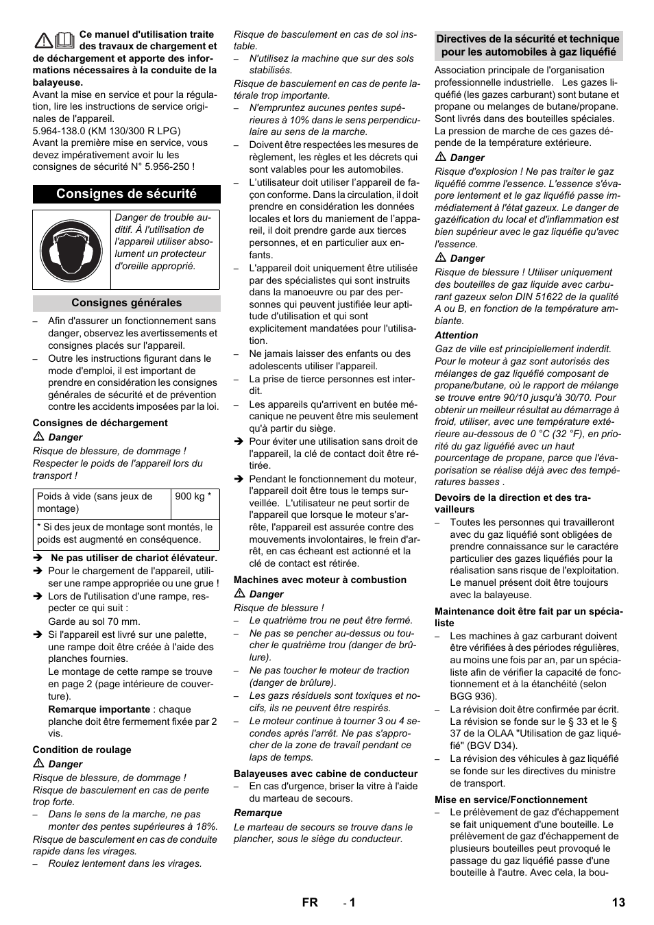 Français, Consignes de sécurité | Karcher KM 130-300 R Lpg User Manual | Page 13 / 152