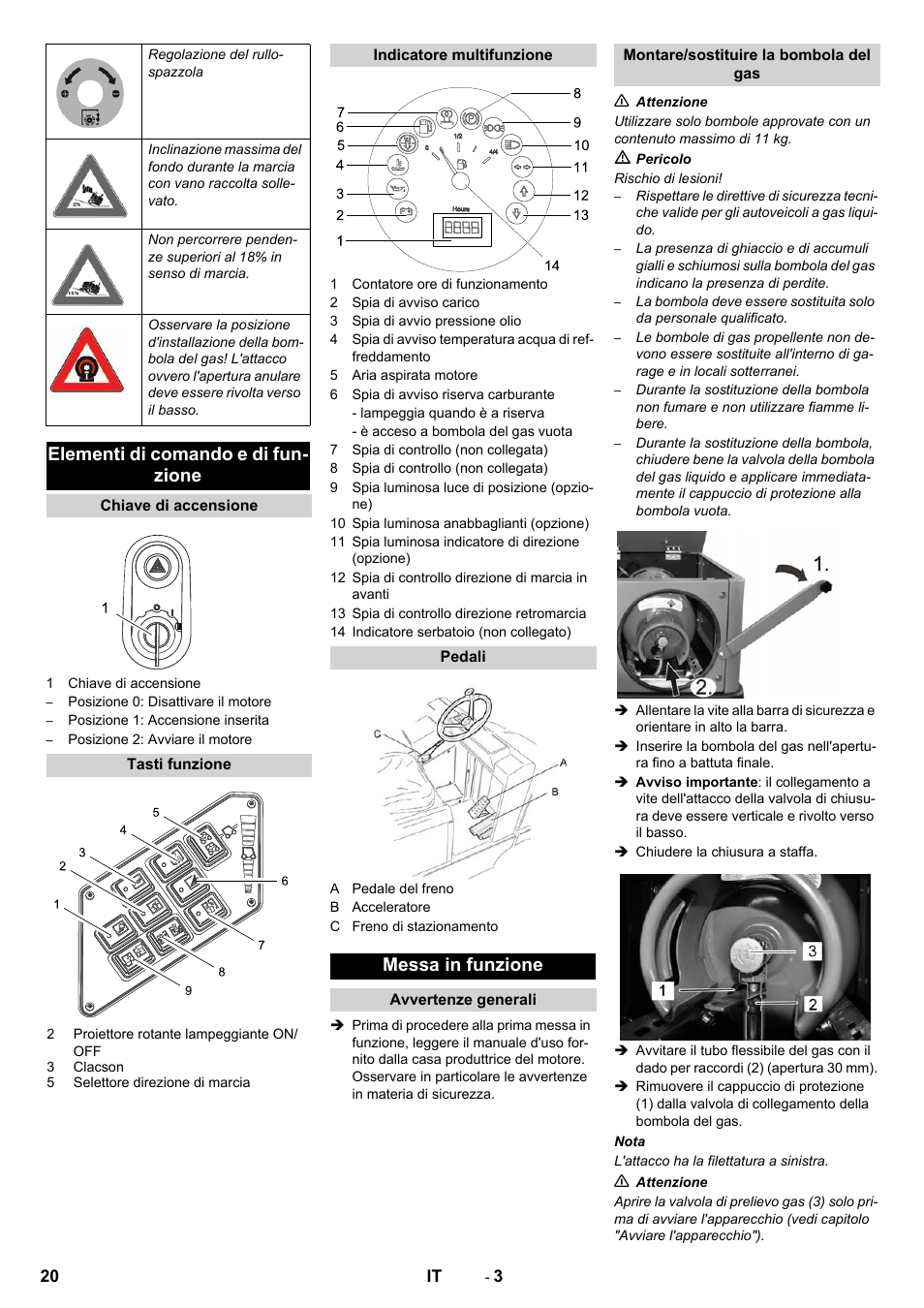 Elementi di comando e di fun- zione, Messa in funzione | Karcher KM 130-300 R Lpg User Manual | Page 20 / 152