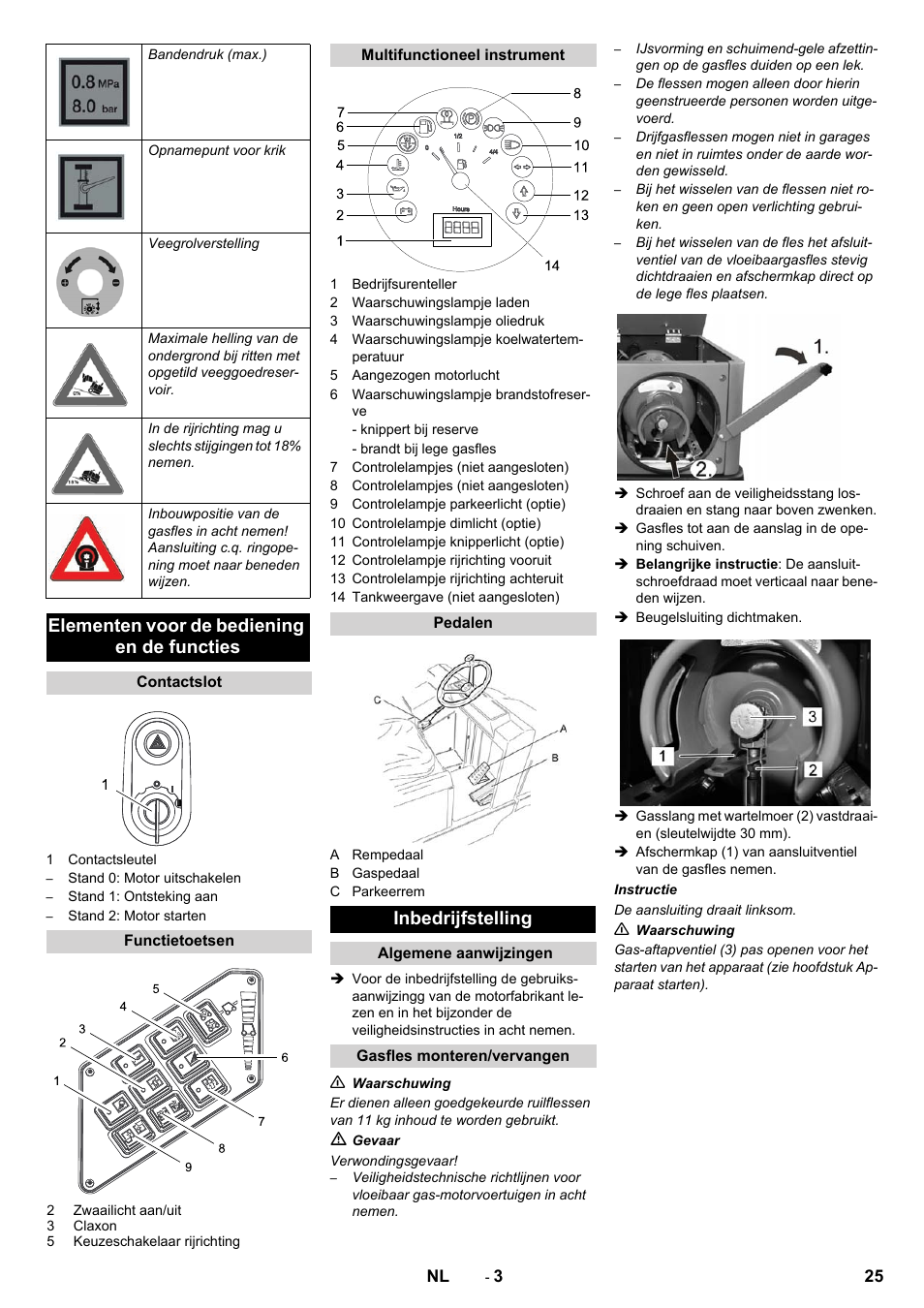 Elementen voor de bediening en de functies, Inbedrijfstelling | Karcher KM 130-300 R Lpg User Manual | Page 25 / 152