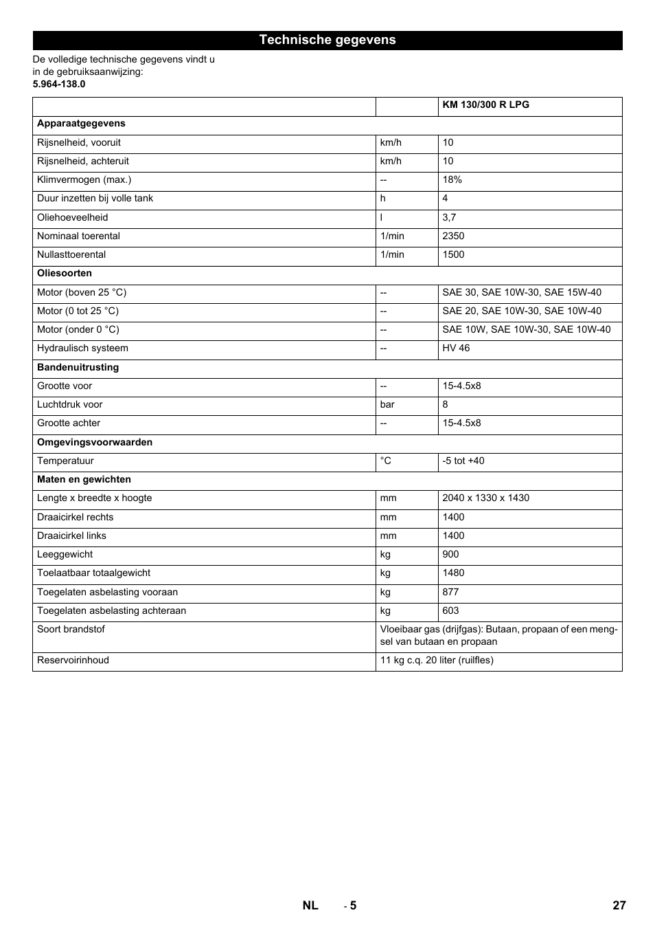 Technische gegevens | Karcher KM 130-300 R Lpg User Manual | Page 27 / 152