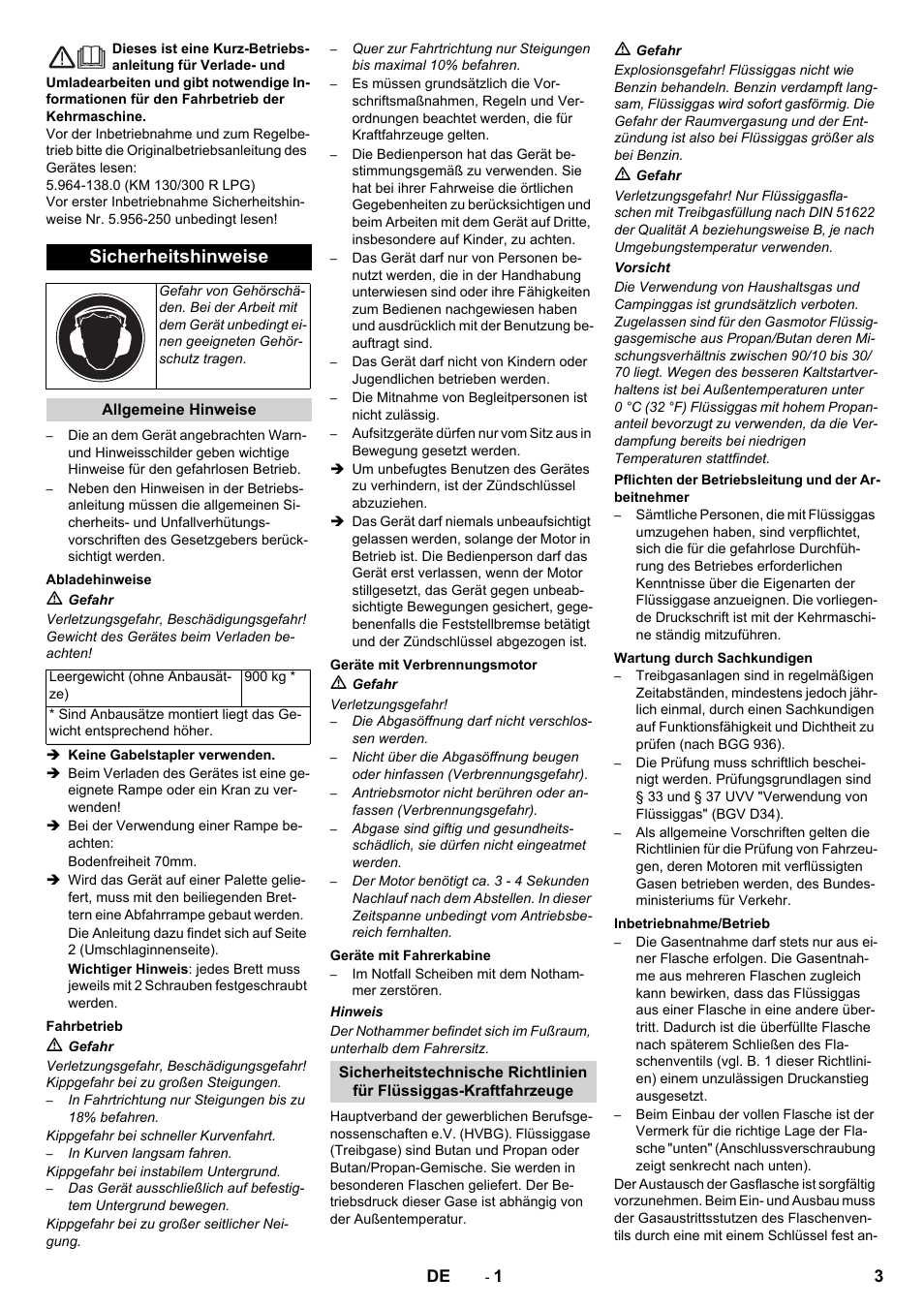 Deutsch, Sicherheitshinweise | Karcher KM 130-300 R Lpg User Manual | Page 3 / 152