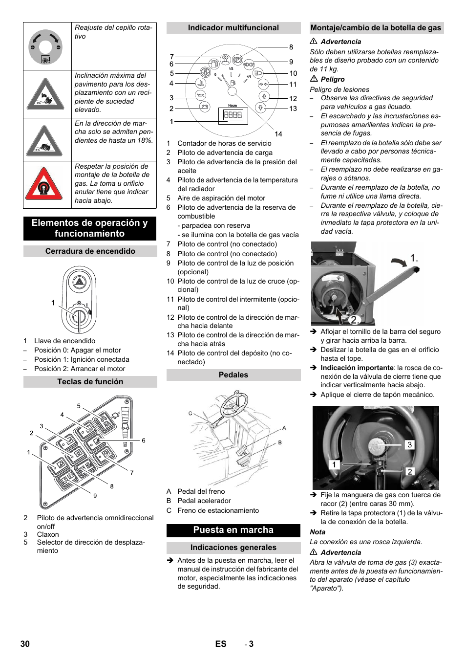 Elementos de operación y funcionamiento, Puesta en marcha | Karcher KM 130-300 R Lpg User Manual | Page 30 / 152
