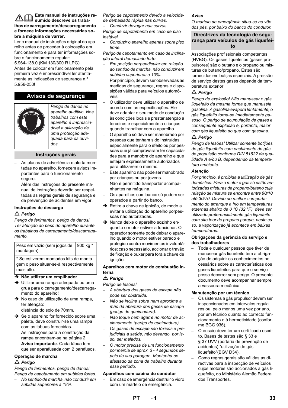 Português, Avisos de segurança | Karcher KM 130-300 R Lpg User Manual | Page 33 / 152