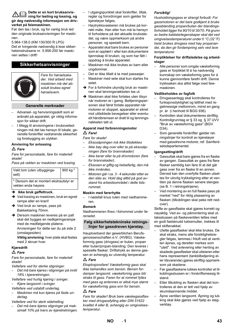 Norsk, Sikkerhetsanvisninger | Karcher KM 130-300 R Lpg User Manual | Page 43 / 152