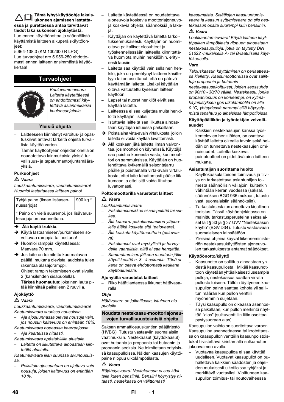 Suomi, Turvaohjeet | Karcher KM 130-300 R Lpg User Manual | Page 48 / 152