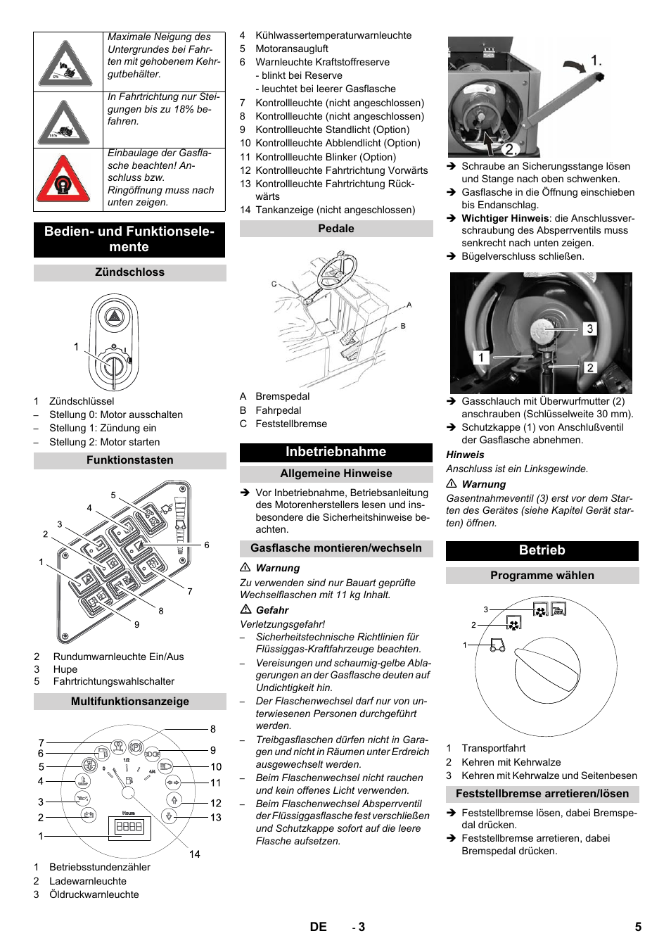 Bedien- und funktionsele- mente, Inbetriebnahme, Betrieb | Karcher KM 130-300 R Lpg User Manual | Page 5 / 152