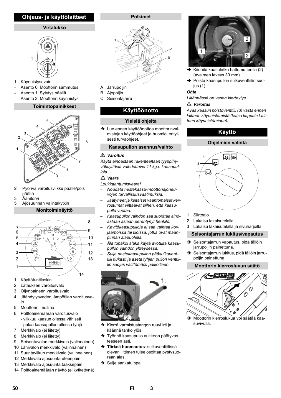 Ohjaus- ja käyttölaitteet, Käyttöönotto, Käyttö | Karcher KM 130-300 R Lpg User Manual | Page 50 / 152