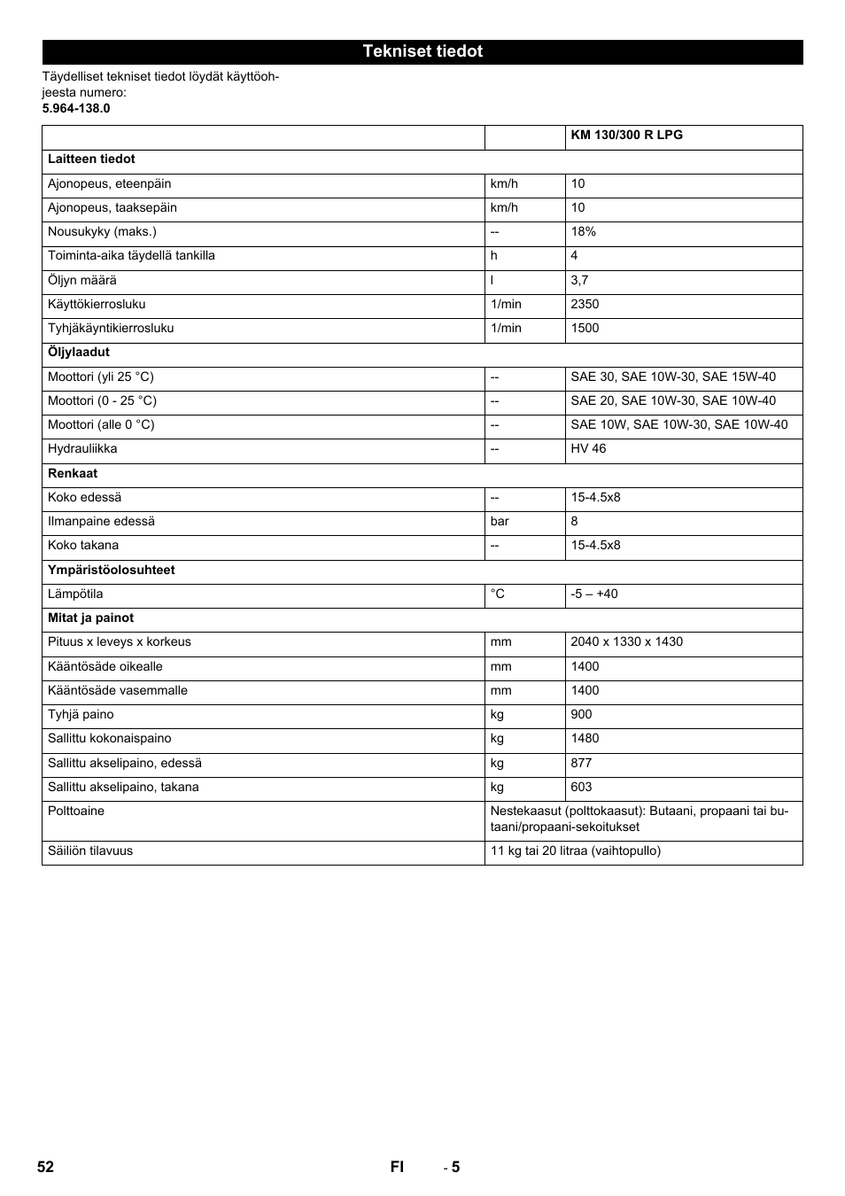 Tekniset tiedot | Karcher KM 130-300 R Lpg User Manual | Page 52 / 152