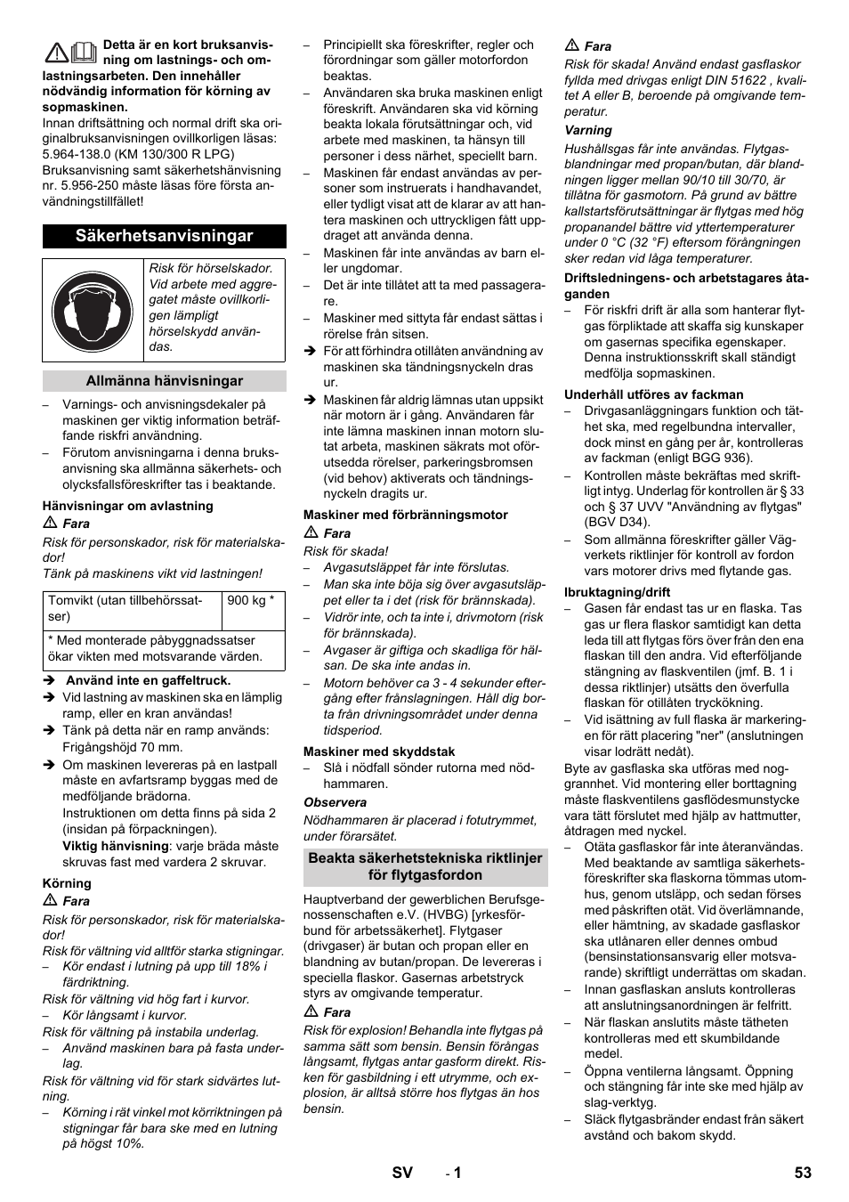 Svenska, Säkerhetsanvisningar | Karcher KM 130-300 R Lpg User Manual | Page 53 / 152