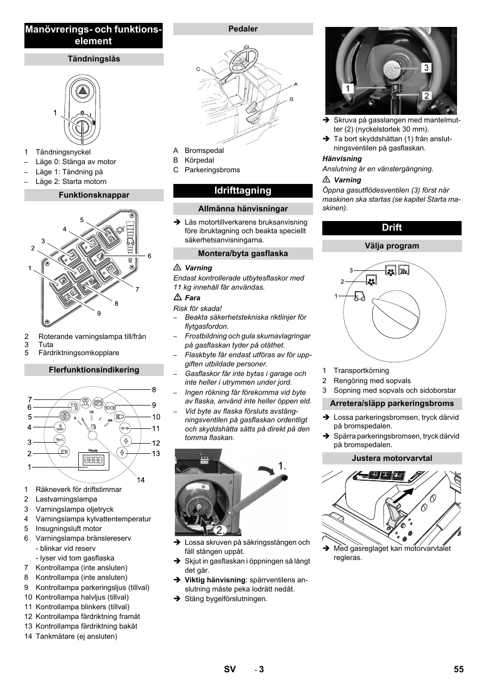Manövrerings- och funktions- element, Idrifttagning, Drift | Karcher KM 130-300 R Lpg User Manual | Page 55 / 152