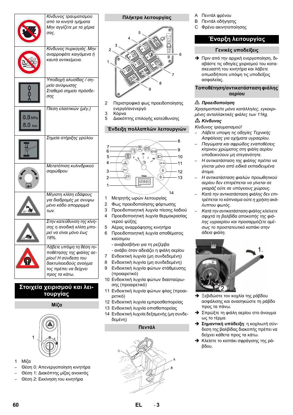 Στοιχεία χειρισμού και λει- τουργίας, Έναρξη λειτουργίας | Karcher KM 130-300 R Lpg User Manual | Page 60 / 152
