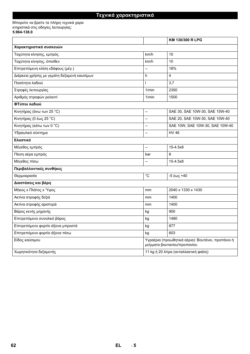 Τεχνικά χαρακτηριστικά | Karcher KM 130-300 R Lpg User Manual | Page 62 / 152