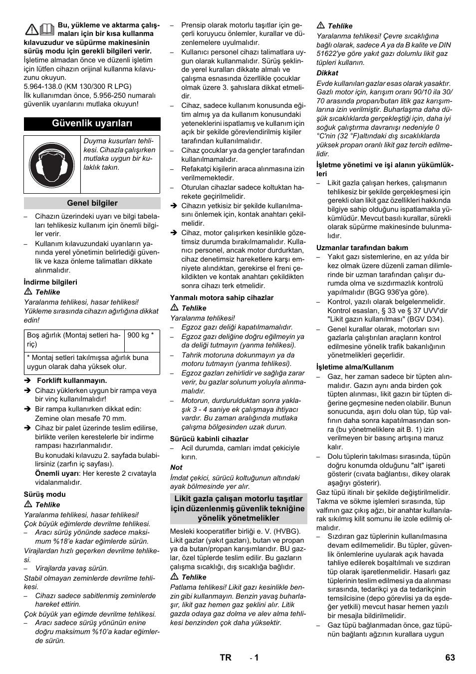 Türkçe, Güvenlik uyarıları | Karcher KM 130-300 R Lpg User Manual | Page 63 / 152