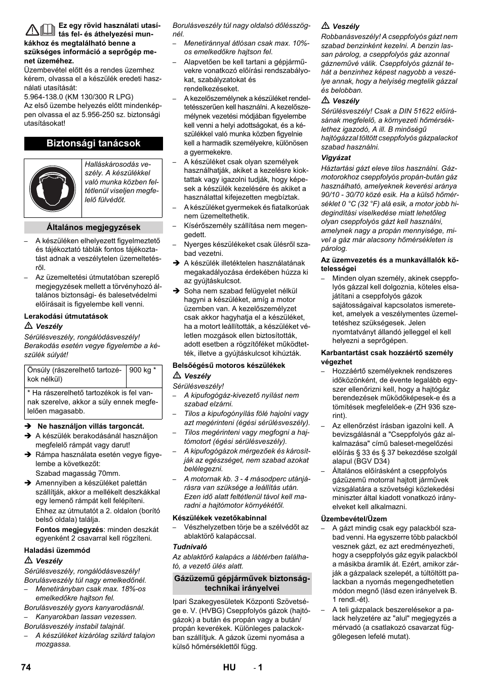 Magyar, Biztonsági tanácsok | Karcher KM 130-300 R Lpg User Manual | Page 74 / 152