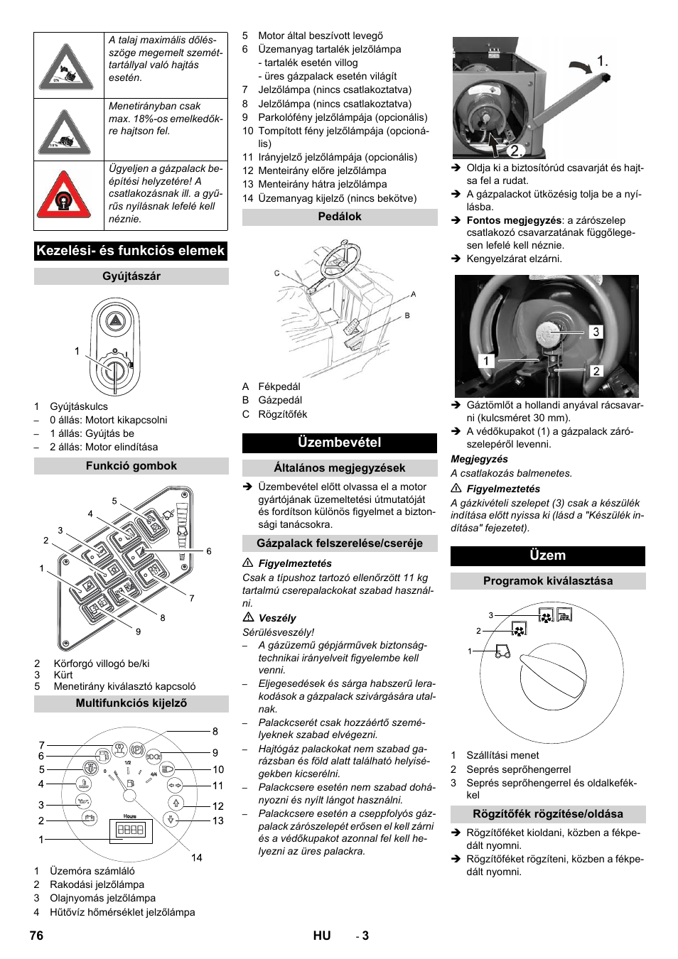 Kezelési- és funkciós elemek, Üzembevétel, Üzem | Karcher KM 130-300 R Lpg User Manual | Page 76 / 152