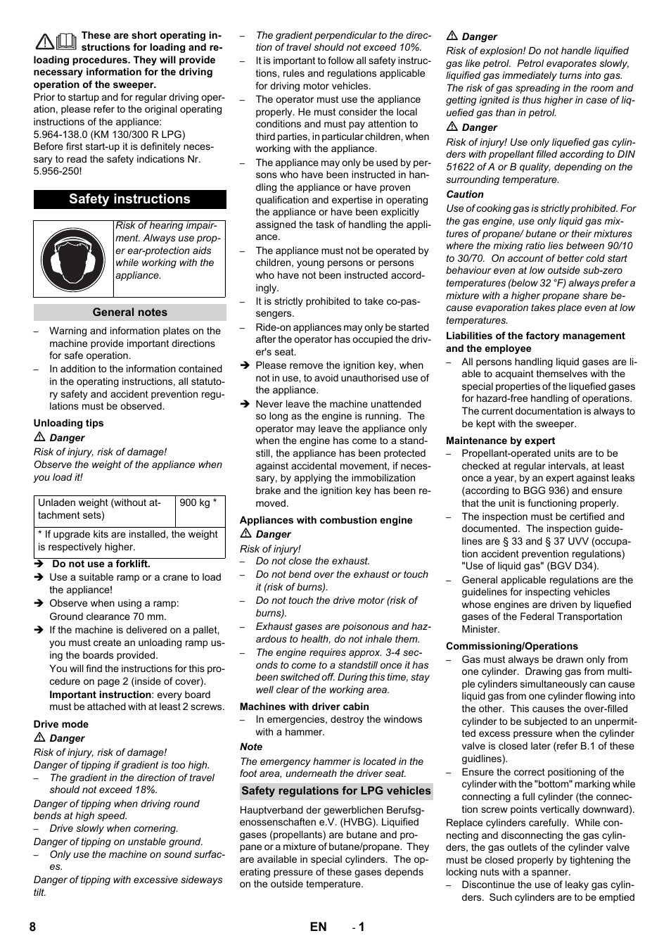 English, Safety instructions | Karcher KM 130-300 R Lpg User Manual | Page 8 / 152