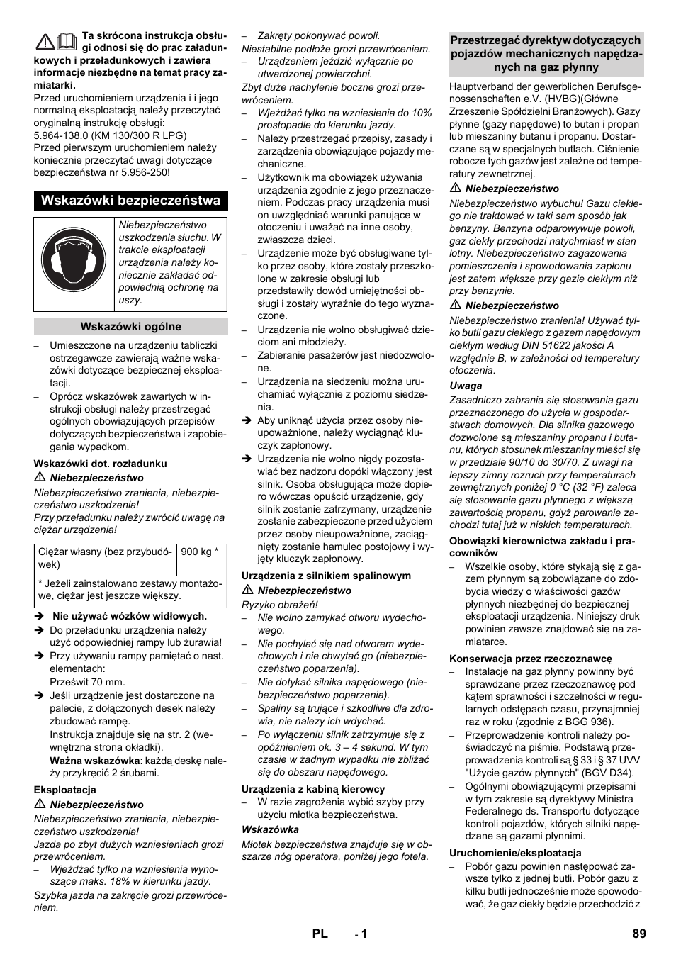 Polski, Wskazówki bezpieczeństwa | Karcher KM 130-300 R Lpg User Manual | Page 89 / 152