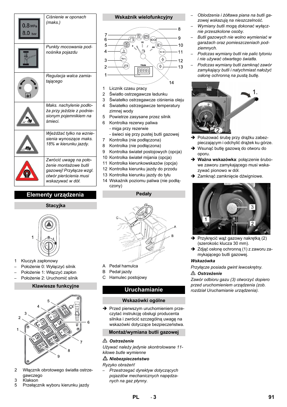 Elementy urządzenia, Uruchamianie | Karcher KM 130-300 R Lpg User Manual | Page 91 / 152