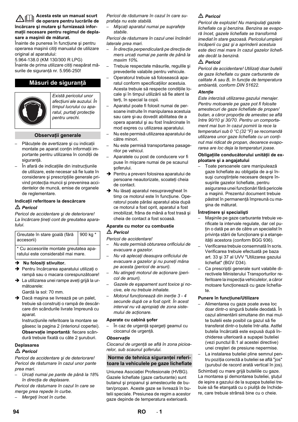 Româneşte, Românete, Măsuri de siguranţă | Karcher KM 130-300 R Lpg User Manual | Page 94 / 152