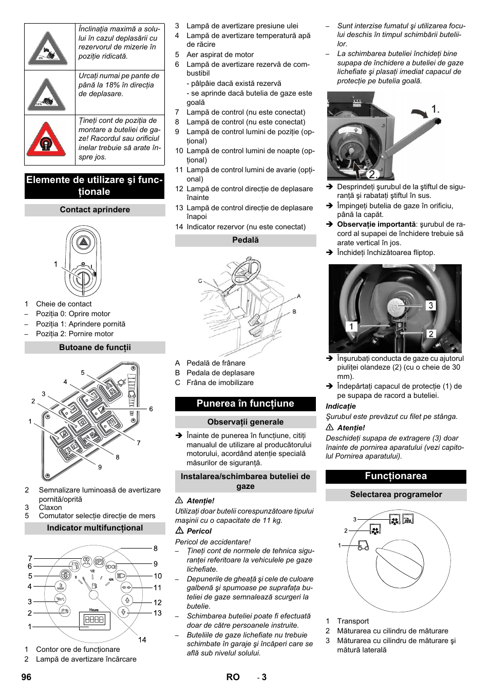 Elemente de utilizare şi func- ţionale, Punerea în funcţiune, Funcţionarea | Karcher KM 130-300 R Lpg User Manual | Page 96 / 152