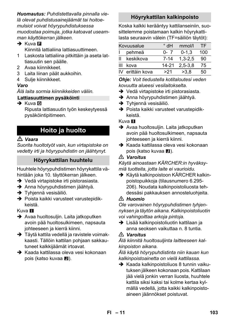 Hoito ja huolto | Karcher SC 2-550 C EU User Manual | Page 103 / 278