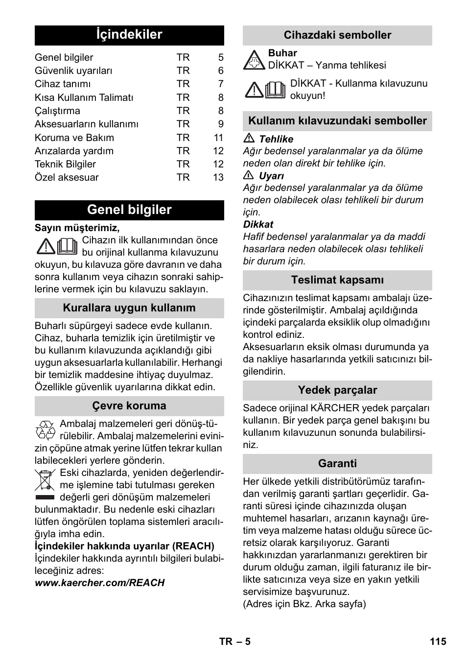 Türkçe, Içindekiler, Genel bilgiler | Karcher SC 2-550 C EU User Manual | Page 115 / 278