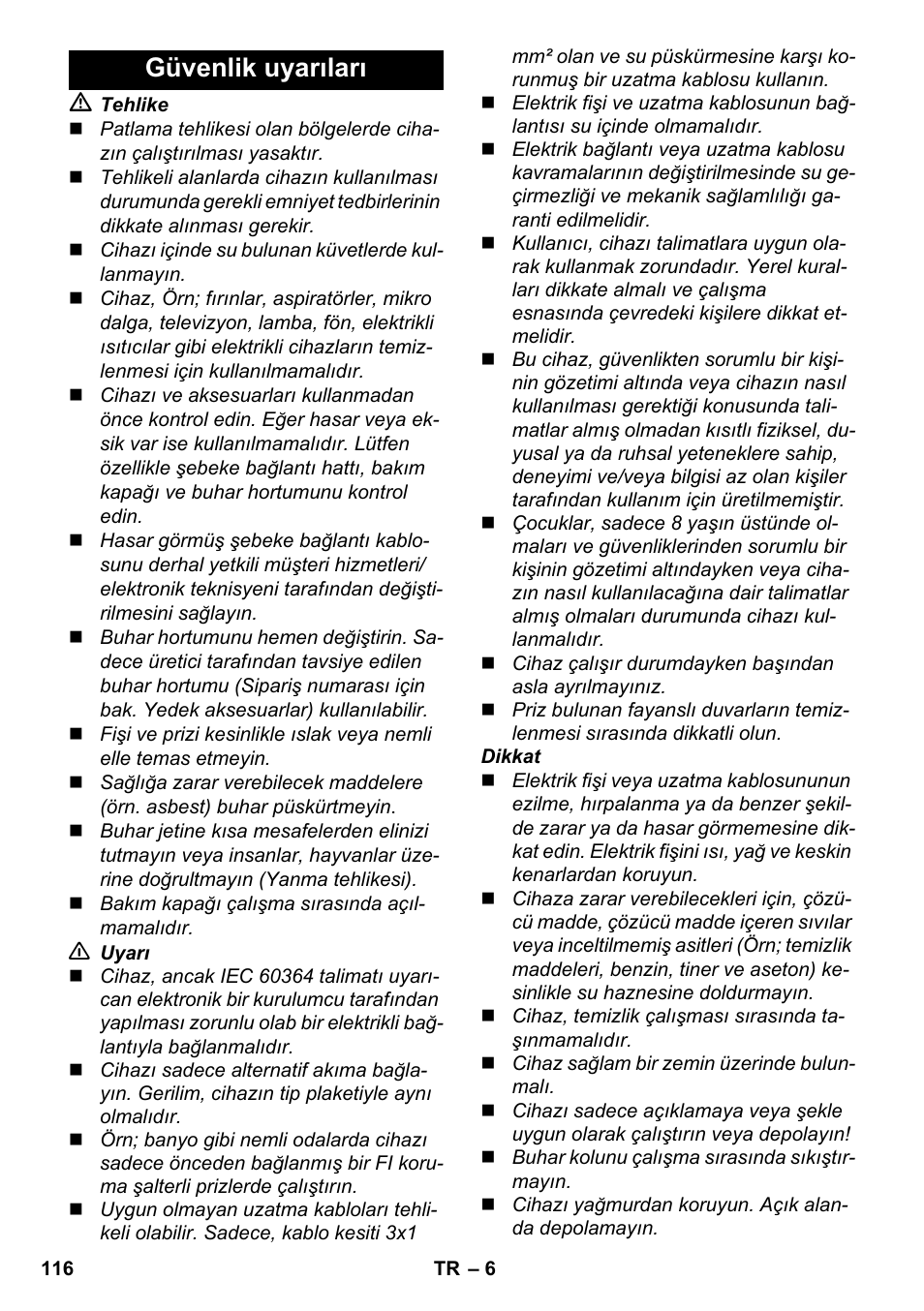 Güvenlik uyarıları | Karcher SC 2-550 C EU User Manual | Page 116 / 278