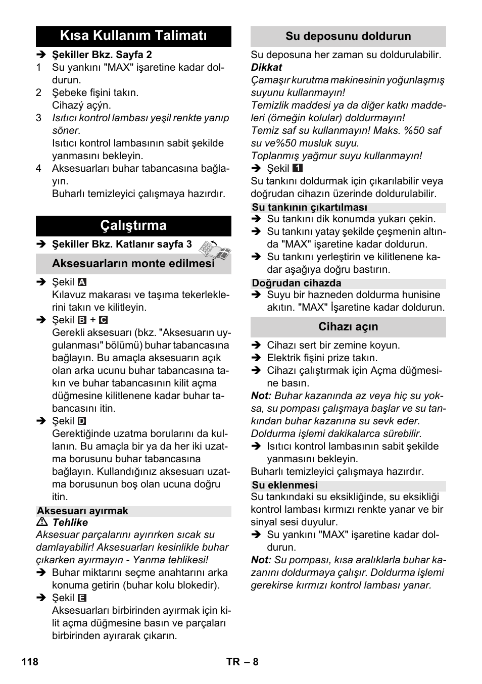 Kısa kullanım talimatı çalıştırma | Karcher SC 2-550 C EU User Manual | Page 118 / 278