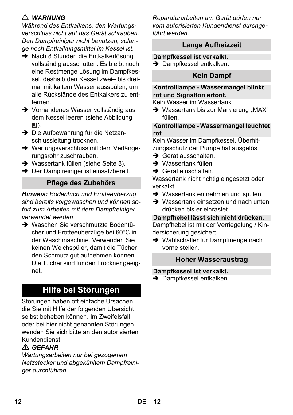 Hilfe bei störungen | Karcher SC 2-550 C EU User Manual | Page 12 / 278