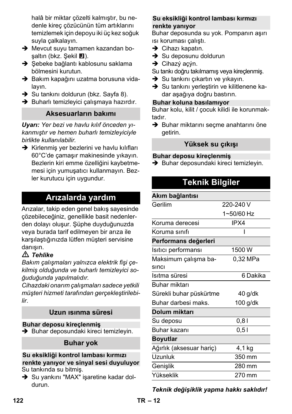 Arızalarda yardım, Teknik bilgiler | Karcher SC 2-550 C EU User Manual | Page 122 / 278