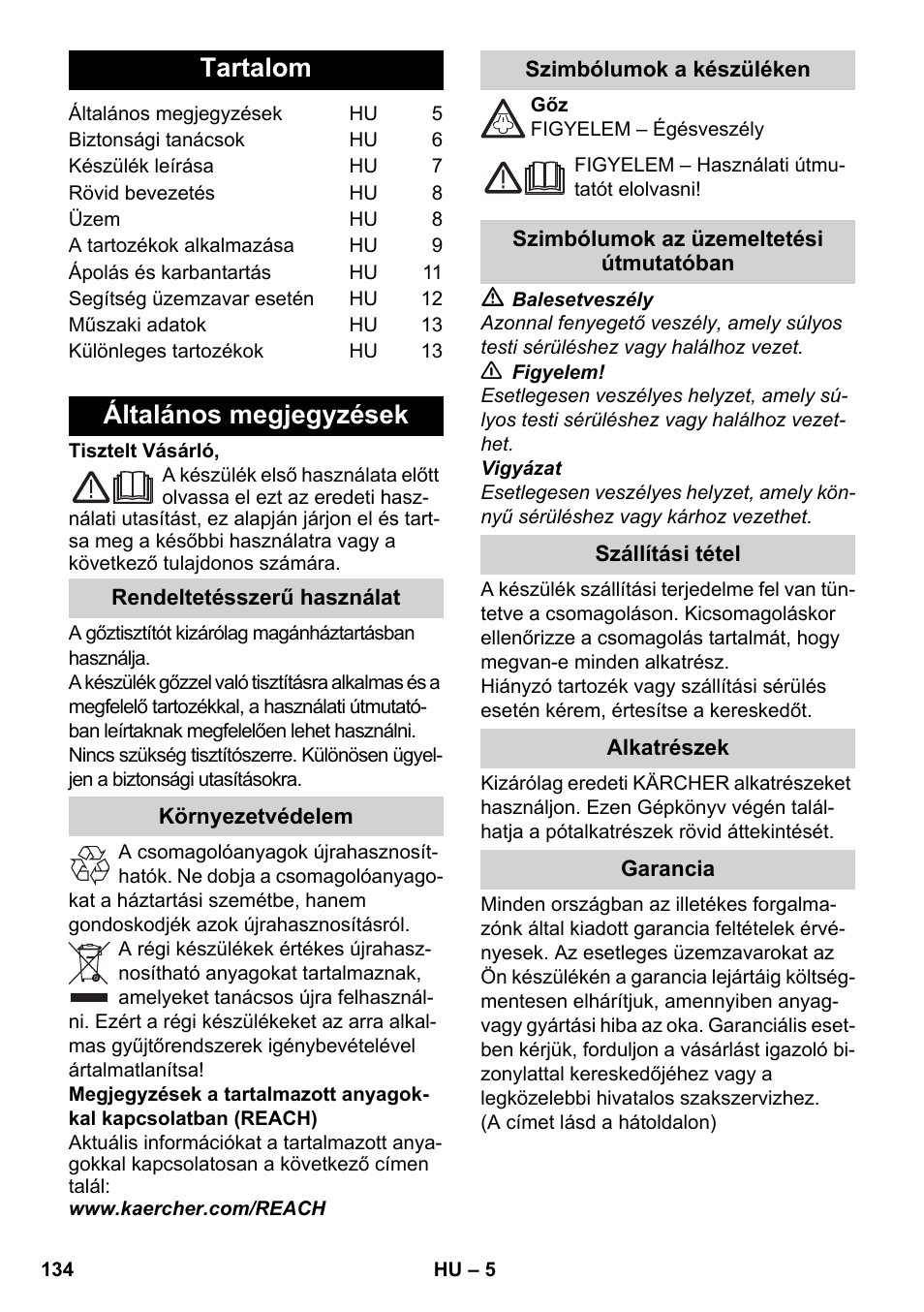 Magyar, Tartalom, Általános megjegyzések | Karcher SC 2-550 C EU User Manual | Page 134 / 278