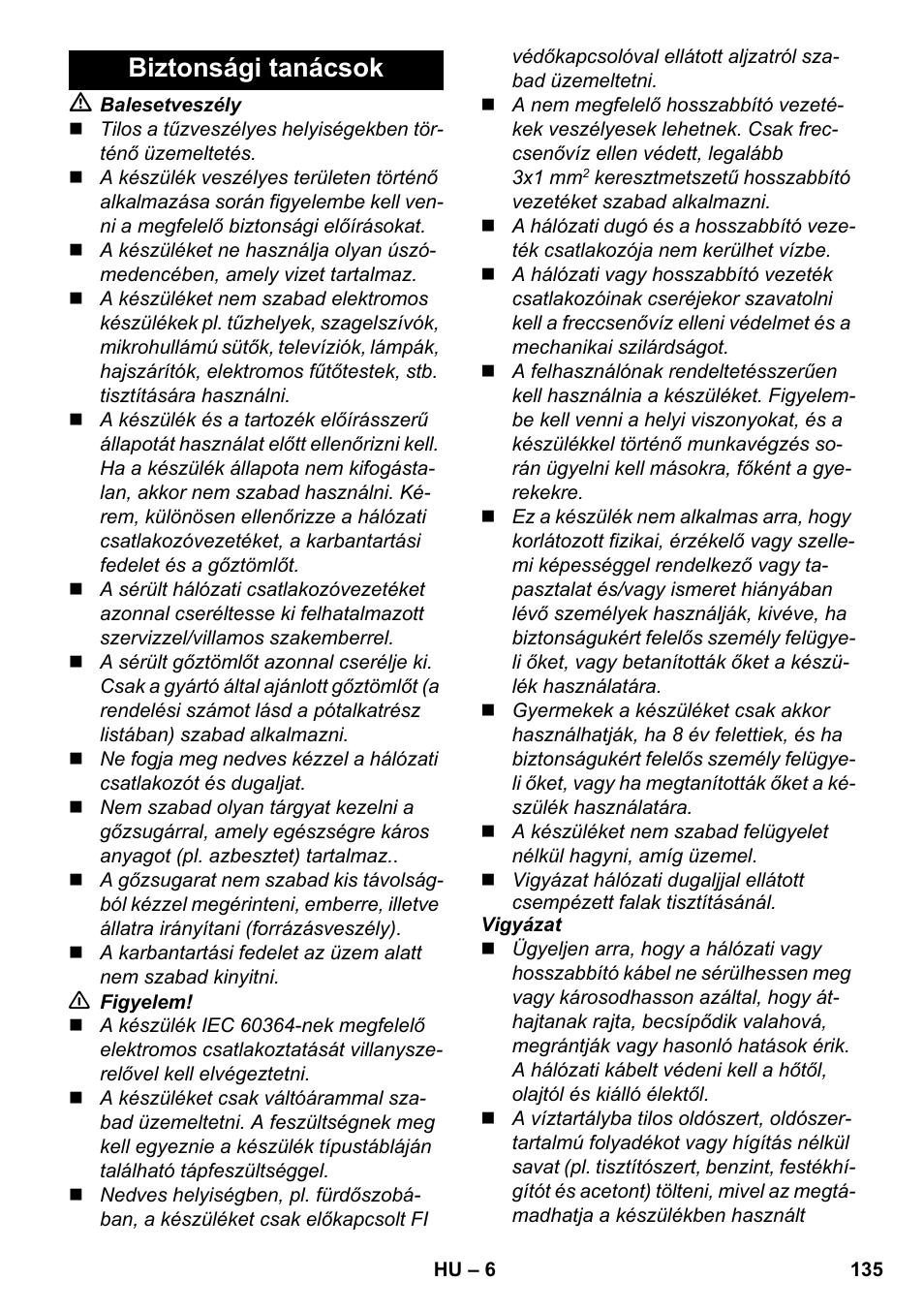 Biztonsági tanácsok | Karcher SC 2-550 C EU User Manual | Page 135 / 278