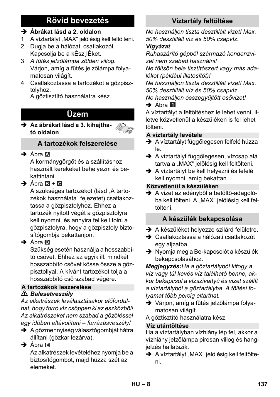 Rövid bevezetés üzem | Karcher SC 2-550 C EU User Manual | Page 137 / 278