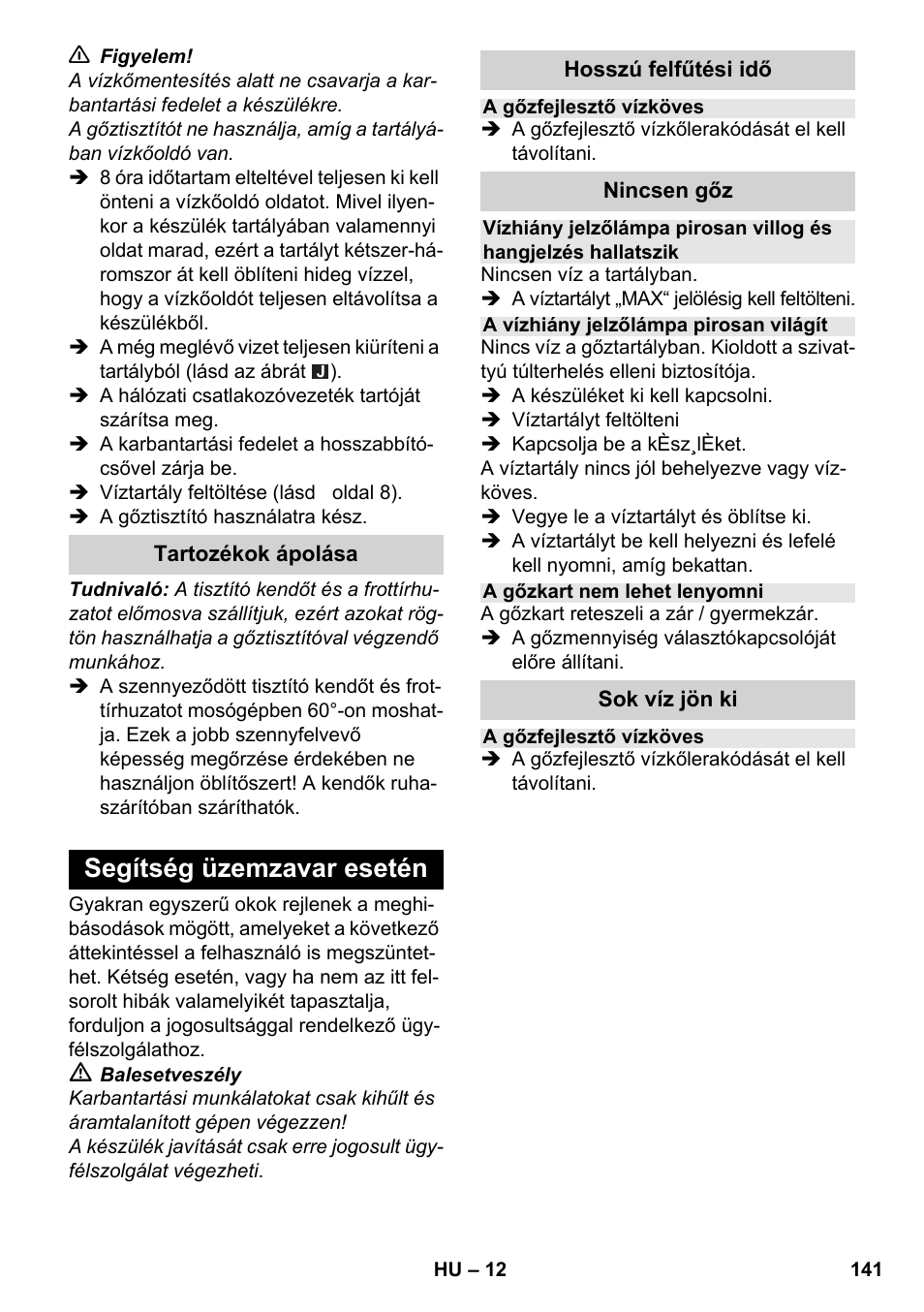 Segítség üzemzavar esetén | Karcher SC 2-550 C EU User Manual | Page 141 / 278