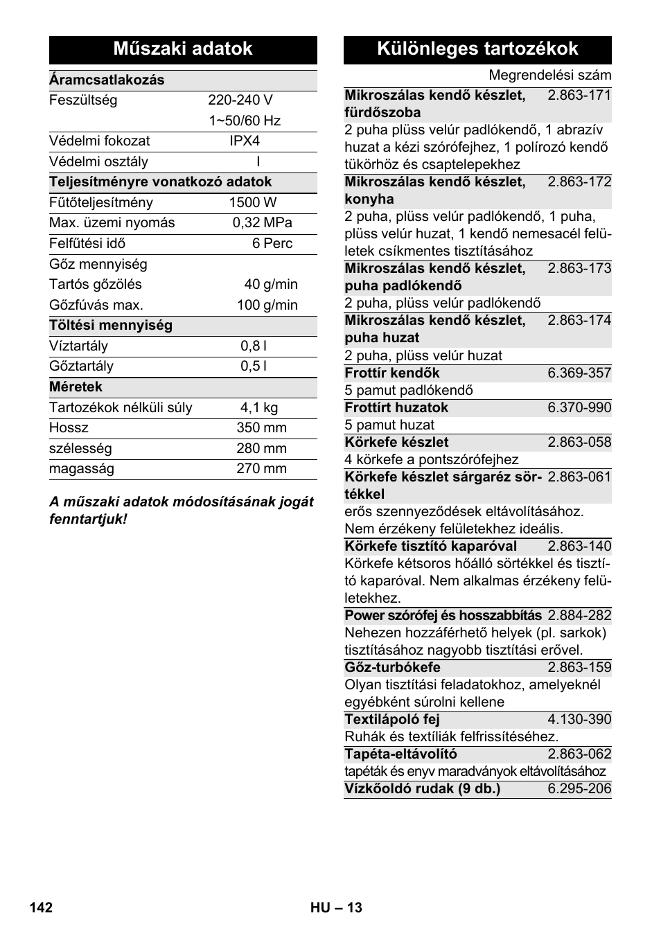 Műszaki adatok, Különleges tartozékok | Karcher SC 2-550 C EU User Manual | Page 142 / 278