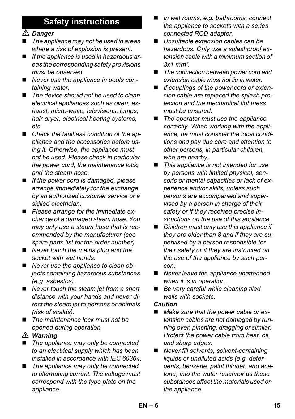 Safety instructions | Karcher SC 2-550 C EU User Manual | Page 15 / 278