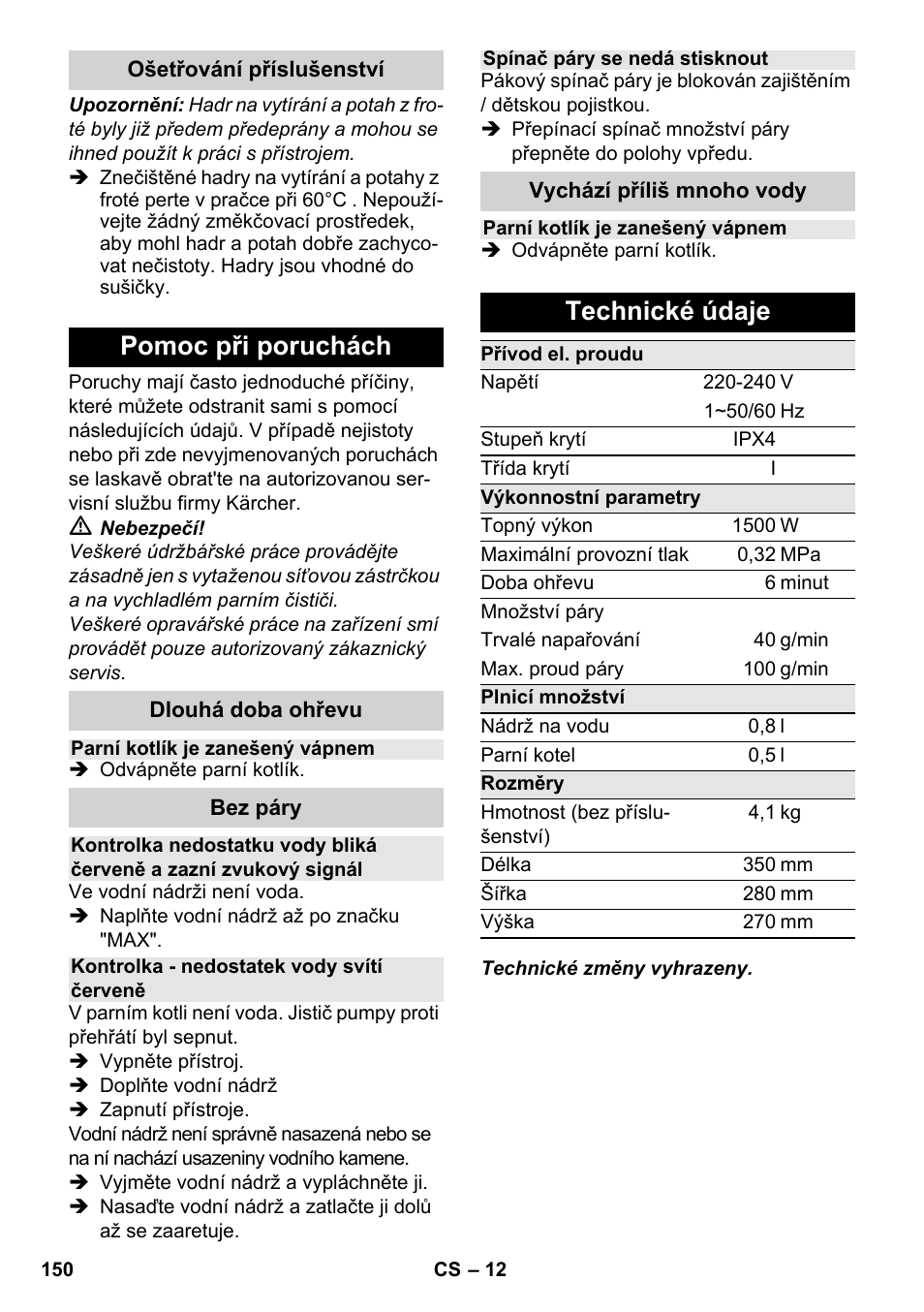 Pomoc při poruchách, Technické údaje | Karcher SC 2-550 C EU User Manual | Page 150 / 278