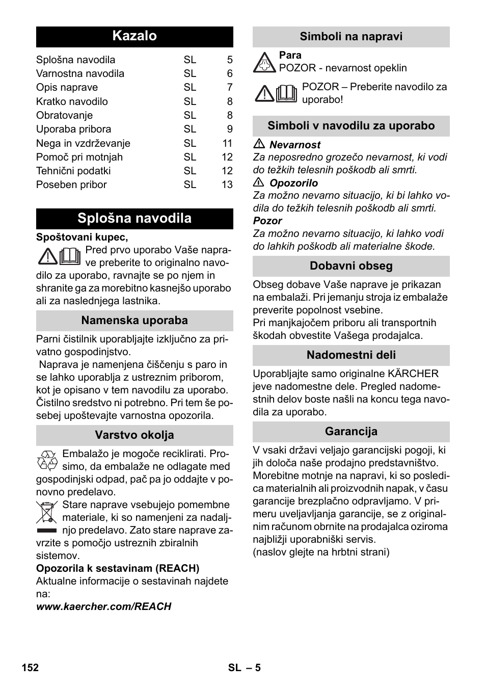 Slovenščina, Kazalo, Splošna navodila | Karcher SC 2-550 C EU User Manual | Page 152 / 278