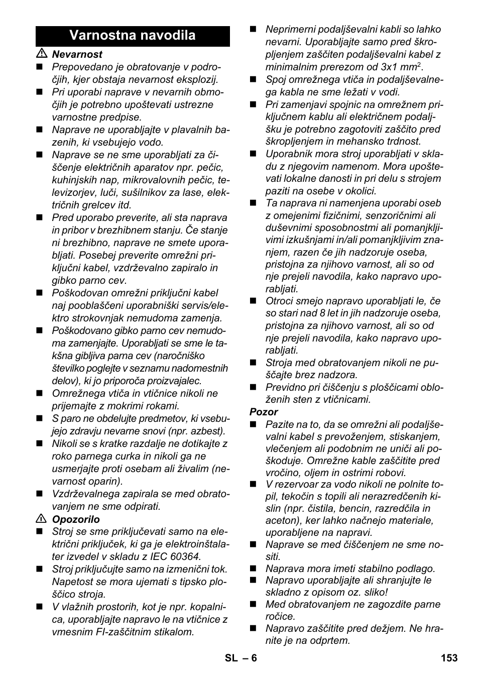 Varnostna navodila | Karcher SC 2-550 C EU User Manual | Page 153 / 278