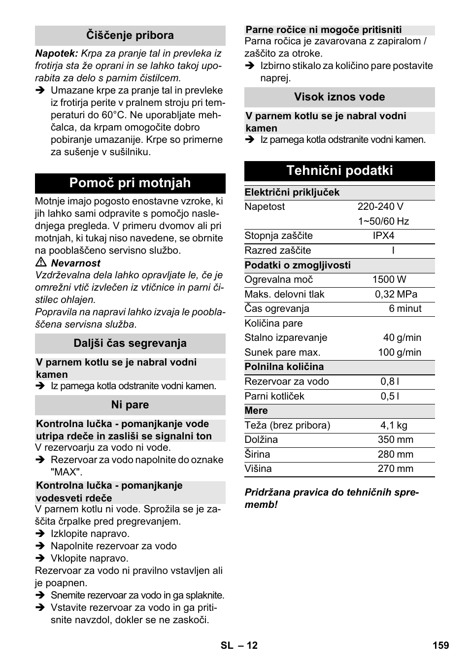 Pomoč pri motnjah, Tehnični podatki | Karcher SC 2-550 C EU User Manual | Page 159 / 278