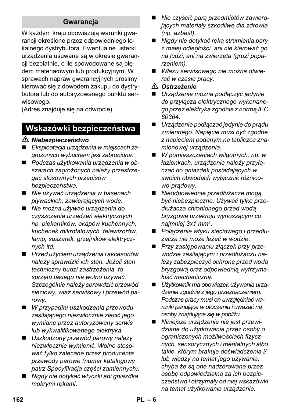 Wskazówki bezpieczeństwa | Karcher SC 2-550 C EU User Manual | Page 162 / 278