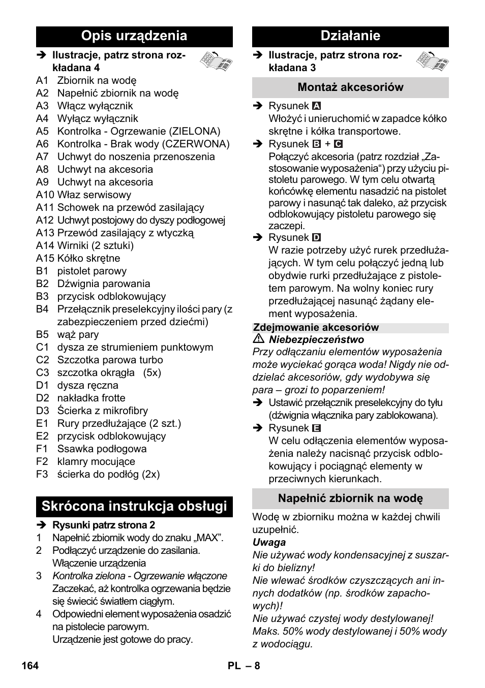 Opis urządzenia, Skrócona instrukcja obsługi działanie | Karcher SC 2-550 C EU User Manual | Page 164 / 278