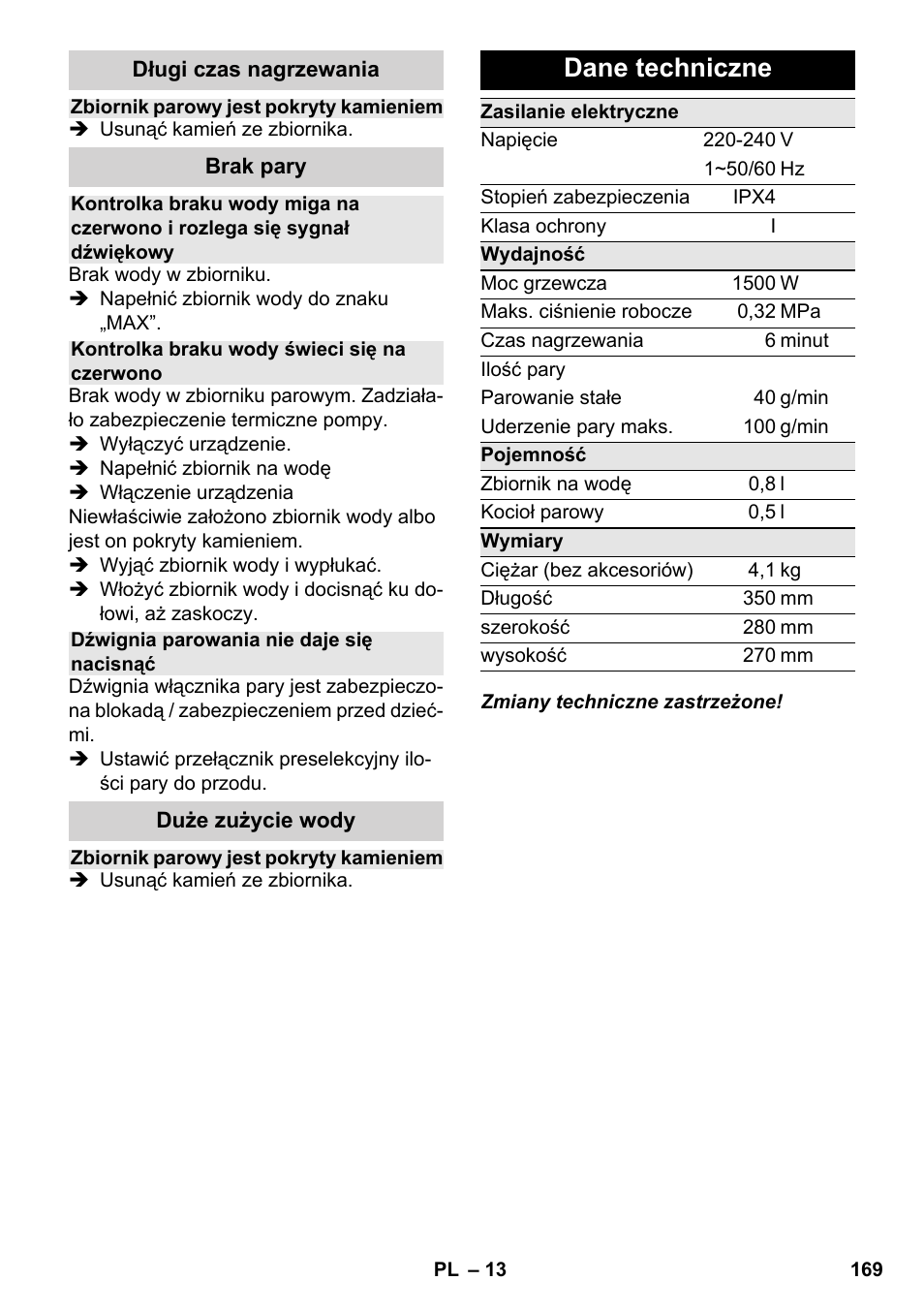 Dane techniczne | Karcher SC 2-550 C EU User Manual | Page 169 / 278