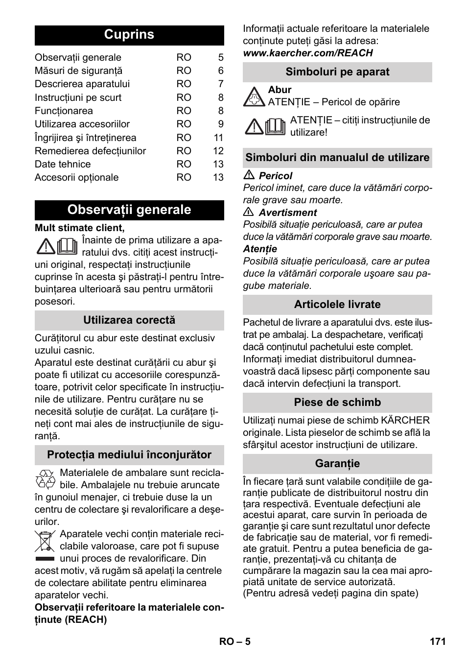 Româneşte, Cuprins, Observaţii generale | Karcher SC 2-550 C EU User Manual | Page 171 / 278