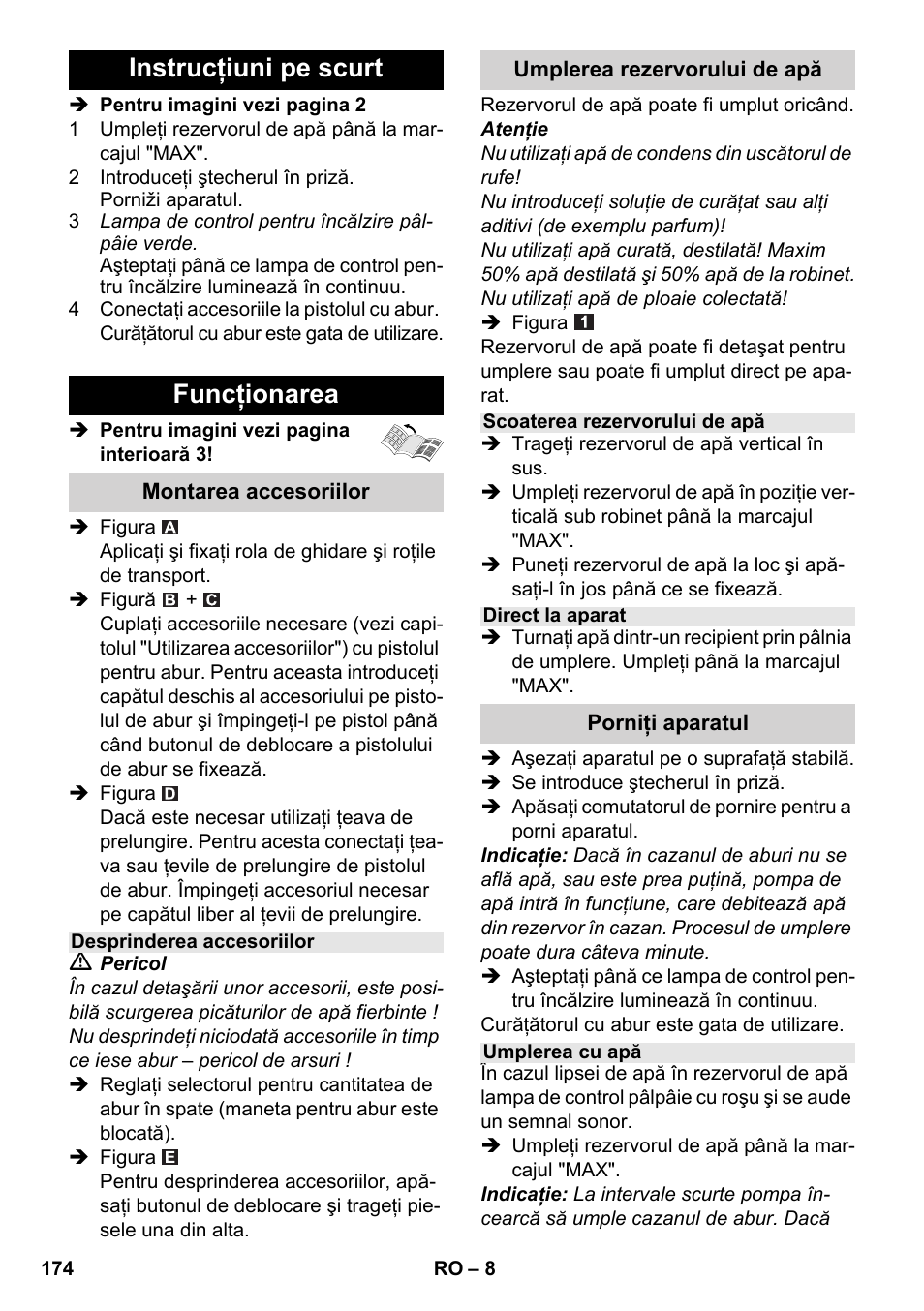 Instrucţiuni pe scurt funcţionarea | Karcher SC 2-550 C EU User Manual | Page 174 / 278