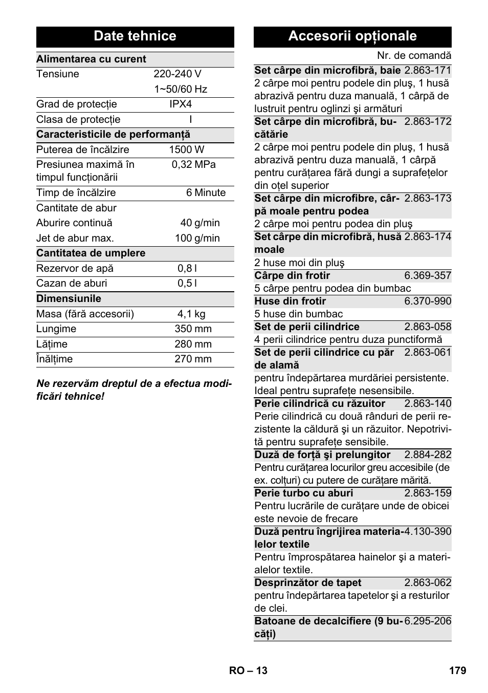 Date tehnice, Accesorii opţionale | Karcher SC 2-550 C EU User Manual | Page 179 / 278