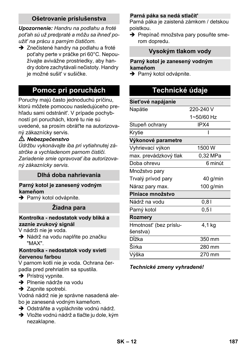 Pomoc pri poruchách, Technické údaje | Karcher SC 2-550 C EU User Manual | Page 187 / 278