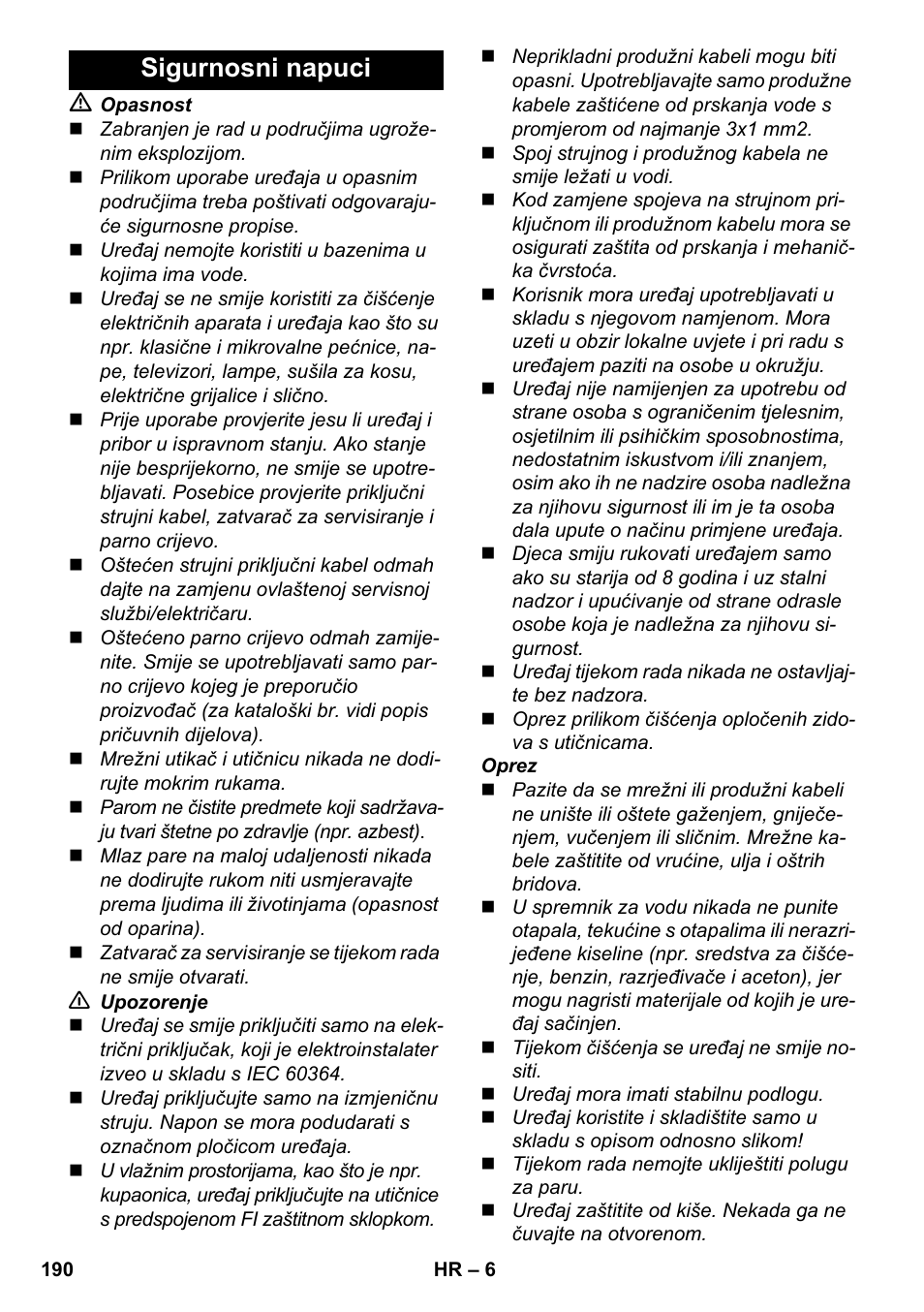 Sigurnosni napuci | Karcher SC 2-550 C EU User Manual | Page 190 / 278